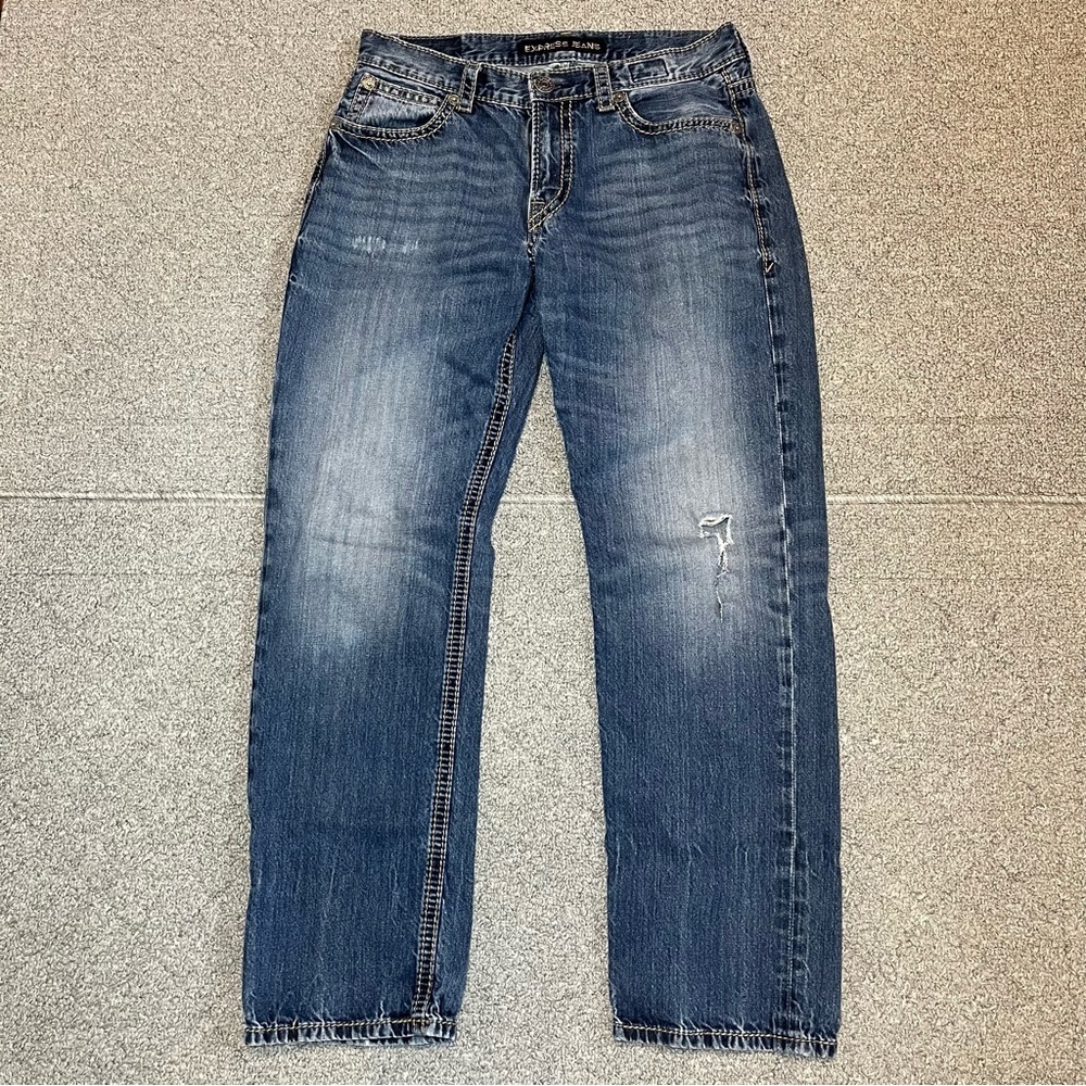 Express Jeans Blake Loose Fit Straight Leg Mens 32X30 Blue Denim Embroidered